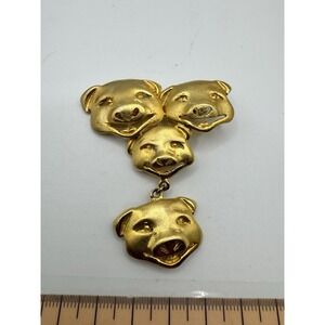 Vintage Gold Tone Ultra Craft Metal Brooch With Four Pig Faces